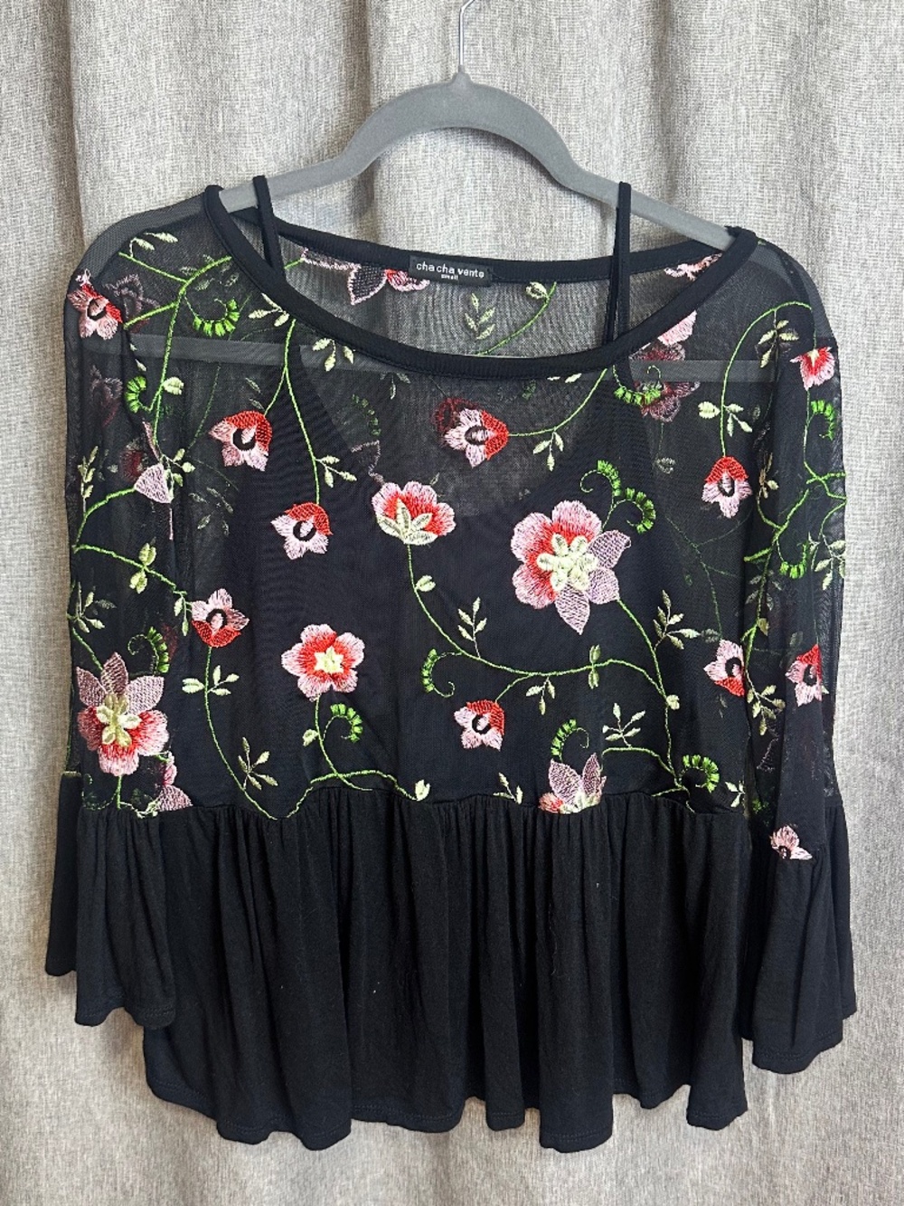 Cha Cha Vente Floral Embroidered Mesh Babydoll Top - Small